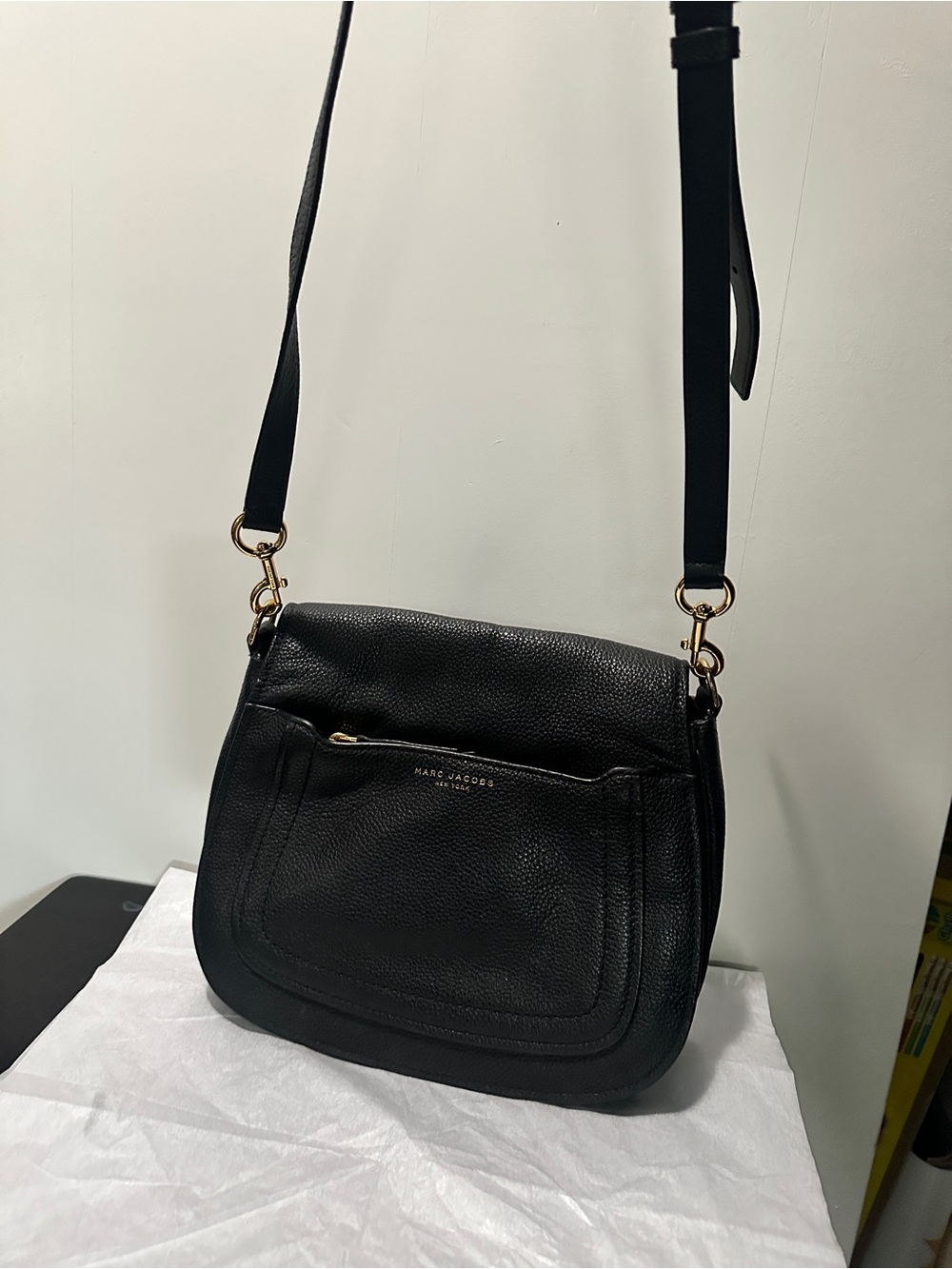 Marc Jacobs Black Pebbled Leather Saddle Crossbody with Gold Hardware